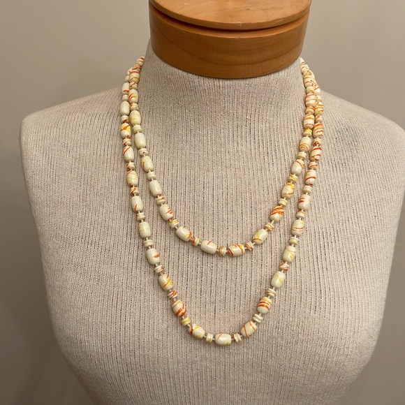 Vintage Beaded Necklace Ivory with Orange and Yellow Paint Splatter Design - Picture 7 of 13